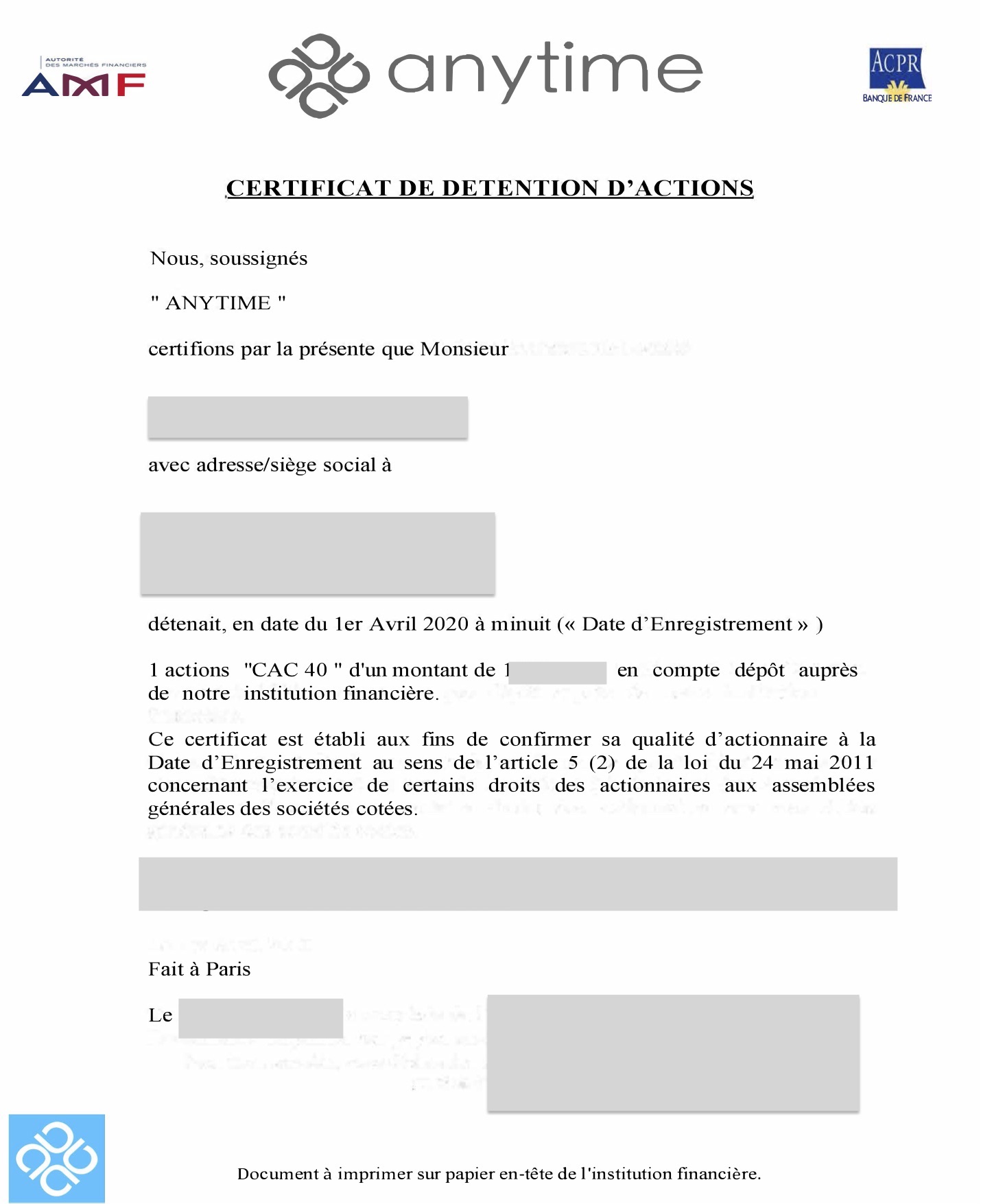 Faux certificat de vente d'actions