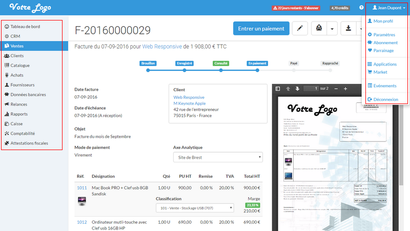 Dashboard du logiciel Evoliz